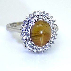 Cats Eye Apatite 3.92ct Rhodium Finish Solid 925 Sterling Silver Ring